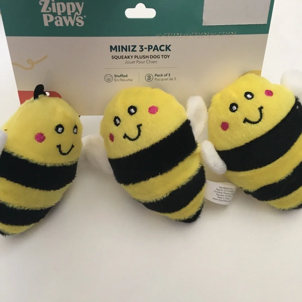 NEW Dog Toys Miniz Yellow Black Bees Trio Stuffed Plush Squeakers | Zippy Paws